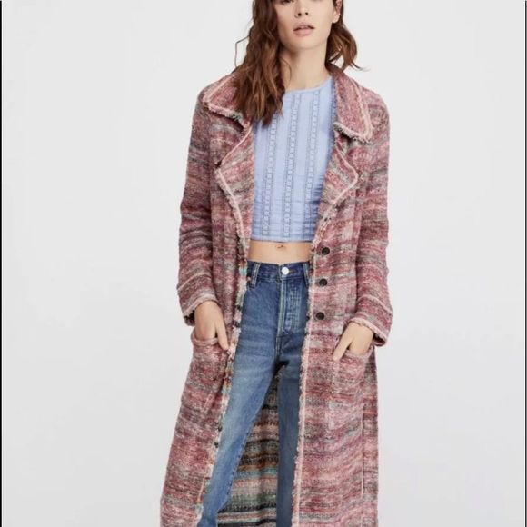 Free People Desert  Sweater Coat Fringe Hem Belt Button - Picture 1 of 8